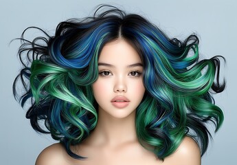 Fototapeta premium Gorgeous model showcasing emerald green and sapphire jewelry in an elegant studio setting