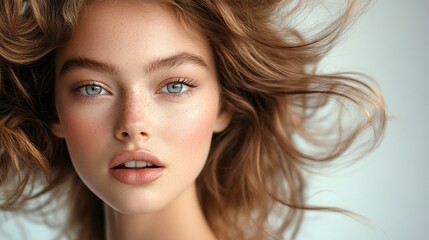 Fototapeta premium A stunning model with wavy brown hair poses gracefully, her luminous skin and enchanting blue eyes drawing attention. The soft lighting enhances her natural beauty, creating a serene atmosphere
