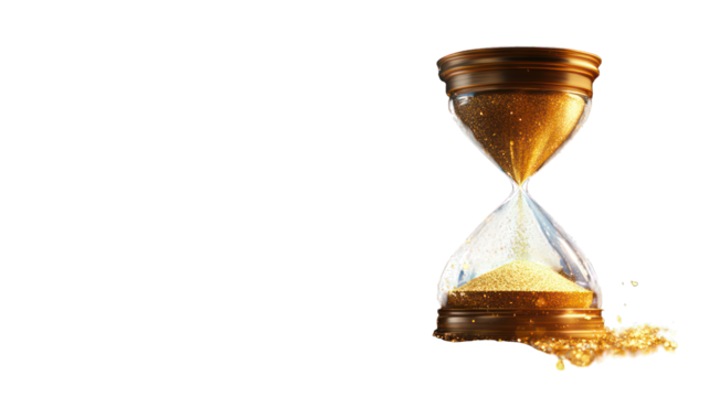 A traditional hourglass with golden sand trickling down on a transparent background 