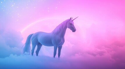 Naklejka premium Majestic Unicorn Surrounded by Colorful Clouds in Dreamy Fantasy Landscape with Soft Pastel Hues and Mystical Atmosphere