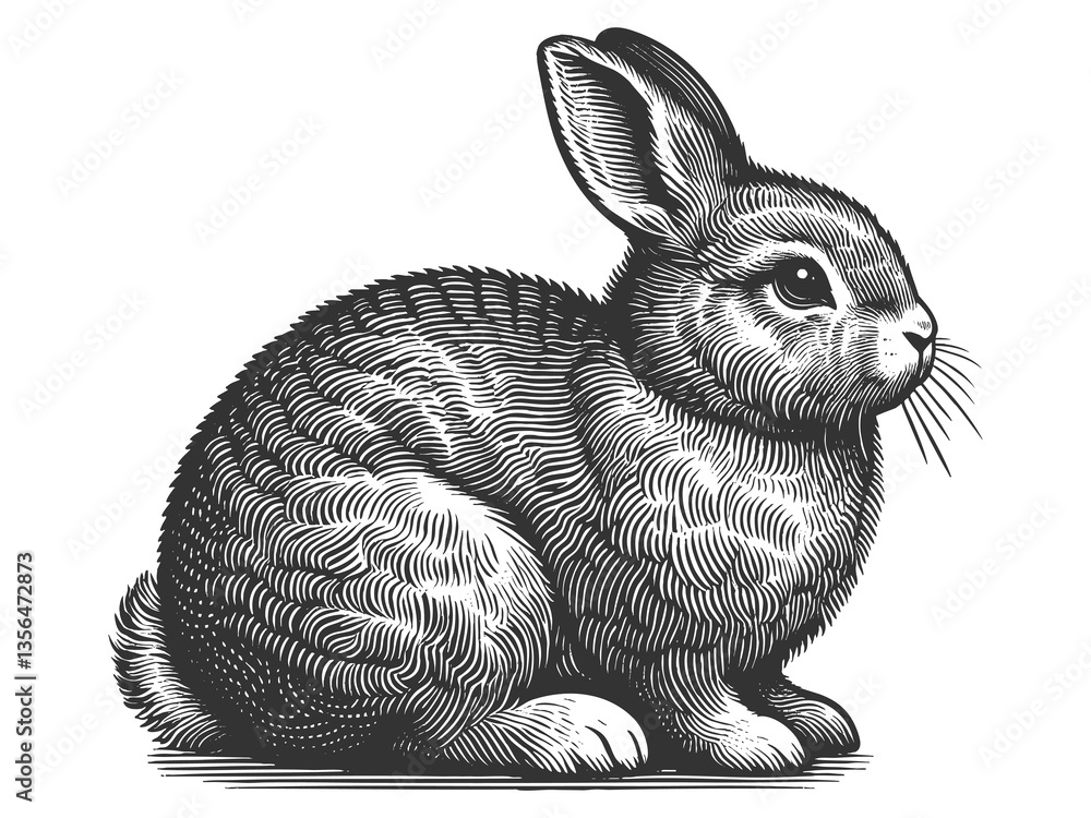 Poster fluffy rabbit sitting calmly, featuring intricate line work and realistic texture in a classic illus