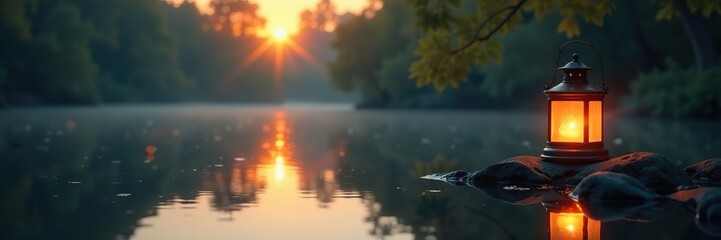 Fototapeta premium Softly glowing lantern amidst tranquil lake scene, serene, golden