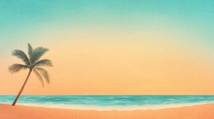 Fototapeta premium Serene Tropical Beach Scene at Sunset with Calm Waves, a Palm Tree, Soft Colors, and Tranquil Atmosphere for Relaxation and Inspiration