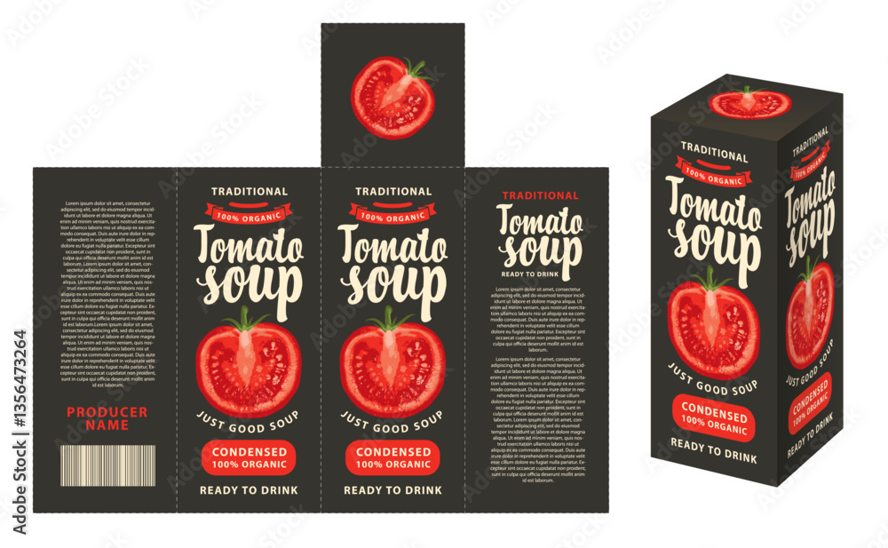 Poster vector mockup template of cardboard packaging box for tomato soup with realistic pattern of half tom