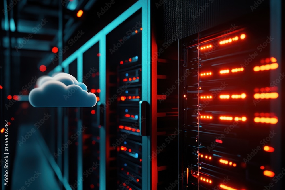 Poster data center with illuminated servers and cloud symbol in high-tech environment