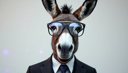 a funny and eye-catching image of a donkey wearing glasses and a suit