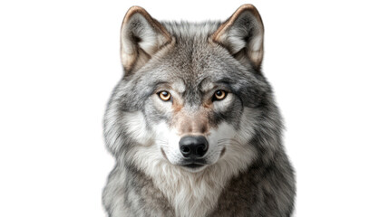 A fluffy grey wolf with piercing eyes and soft fur on a transparent background 