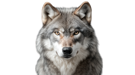 A fluffy grey wolf with piercing eyes and soft fur on a transparent background 