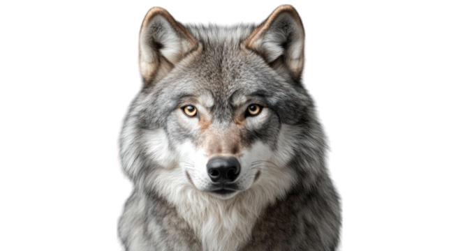 A fluffy grey wolf with piercing eyes and soft fur on a transparent background  - Powered by Adobe