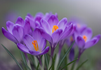 Fototapeta premium A vibrant group of purple crocus flowers herald the arrival of spring with their delicate beauty.