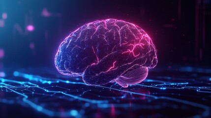 Fototapeta premium Futuristic Neon Brain Concept with Glowing Connections and Digital Network, Symbolizing Artificial Intelligence and Advanced Technology in Unison