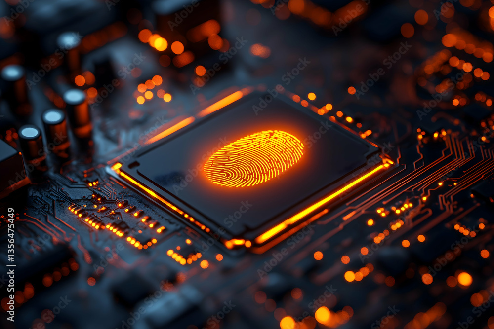 Poster a close-up of a circuit board featuring an illuminated fingerprint, highlighting technology and secu