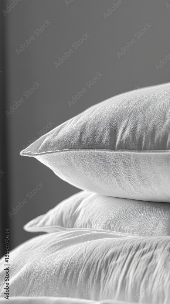 Aufkleber stack of soft white pillows on gray background in vertical composition for sleep and relaxation conc