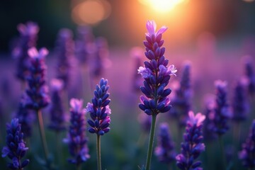 Fototapeta premium Sparkling lavender flowers in a garden at twilight, petals, bloom, soft glow