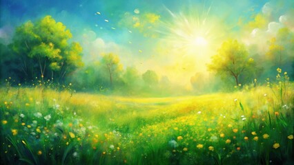 A vibrant green field with a sunlit sky and yellow wildflowers, showcasing the beauty of nature's delicate balance.
