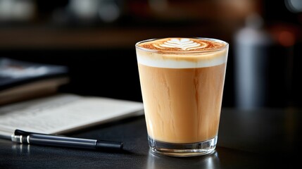 Latte in glass at cafe counter