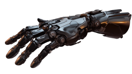A futuristic-looking robotic hand with metallic fingers on a transparent background