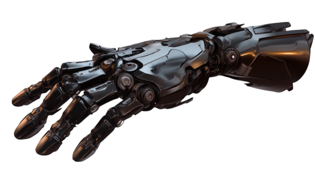 A futuristic-looking robotic hand with metallic fingers on a transparent background