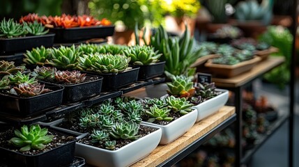Garden center displaying a variety of potted succulents for sale