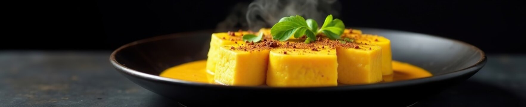 Steaming plate of Mattar Paneer against black background, turmeric, creamy sauce, cumin