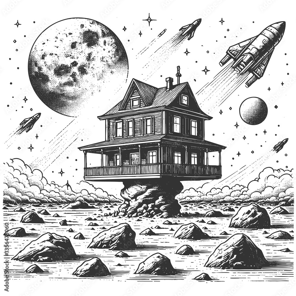 Poster house on a rocky alien landscape with a large moon and planets in the background sketch engraving ge