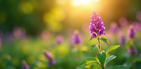 Obraz premium Stevia plant with purple flowers blooming in the sun, nature, garden, plant