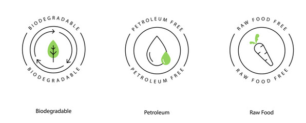 Raw Food Biodegradable Petroleum-Free Organic Green Living Vector Icon Set