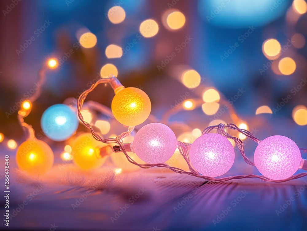 Aufkleber enchanting luminous string lights casting a soft glow on a wooden surface creating a festive atmosph