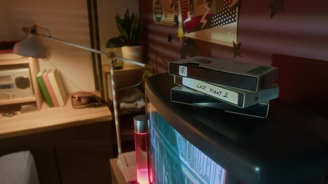 Close up shot of stack of VHS tapes on big retro TV in nostalgic 90s room, copy space