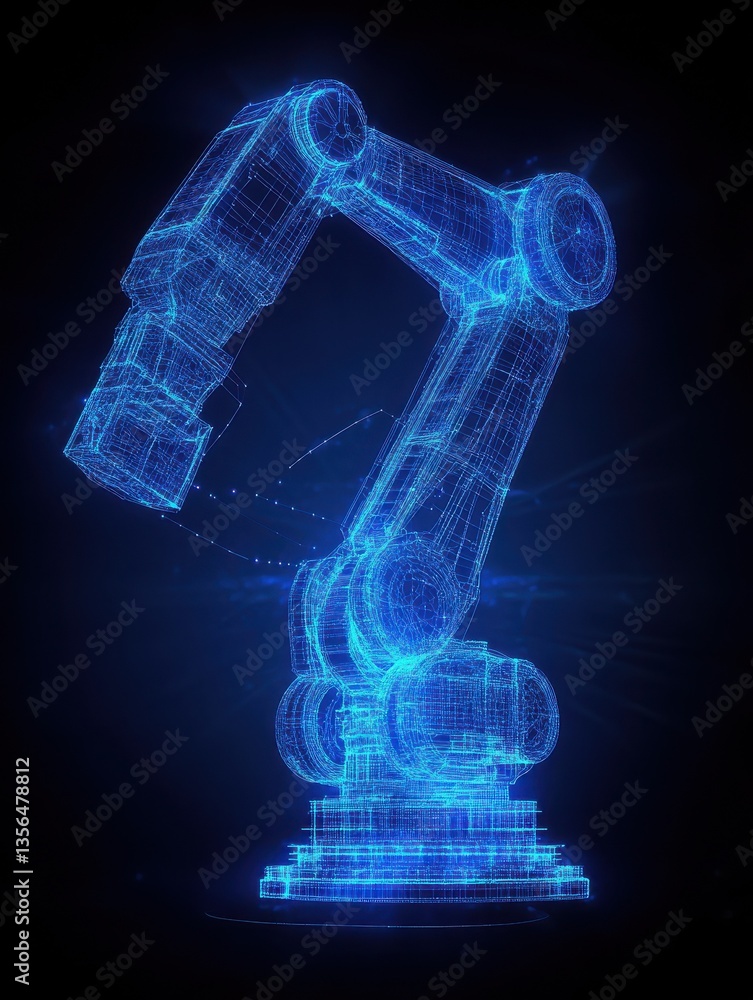 Poster advanced robotics and automation technology: a glowing blue wireframe hologram of a robotic arm on a