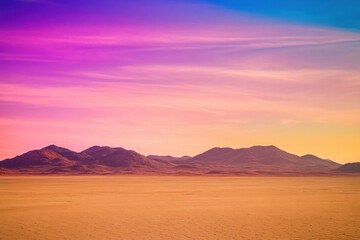 Sunset colors illuminate desert landscape with mountains in the distance