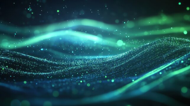 Digital waves of light dance across an ethereal landscape filled with glowing blue and green particles flowing in a mesmerizing pattern