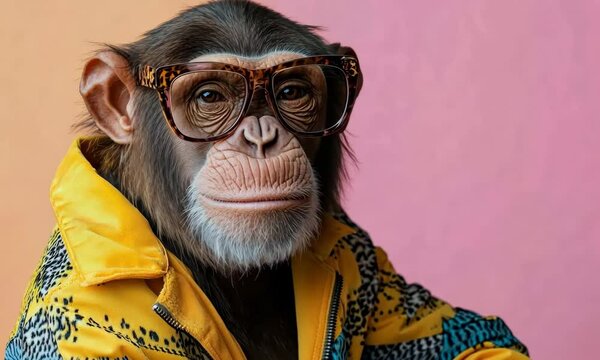 Chimpanzee dressed in a fashionable outfit with large glasses, posing against a pink background, creating a humorous and trendy anthropomorphic portrait.