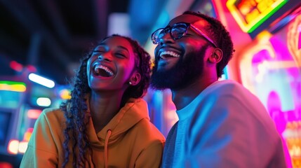 Obraz premium Couple enjoys playful competition at the arcade under vivid neon lights
