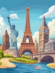 Obraz premium A cartoon illustration of famous landmarks from around the world.