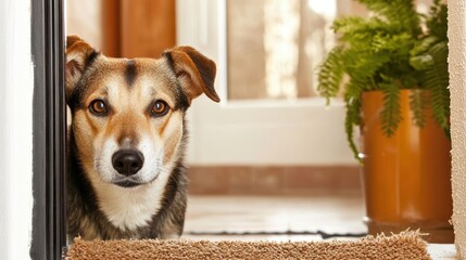 Joyful dog eagerly greeting its owner at the welcoming entrance of a cozy home filled with warmth and love
