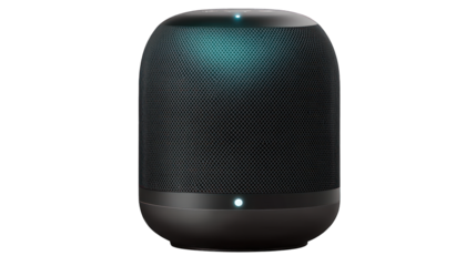 A modern smart home speaker with a sleek black finish on a transparent background 