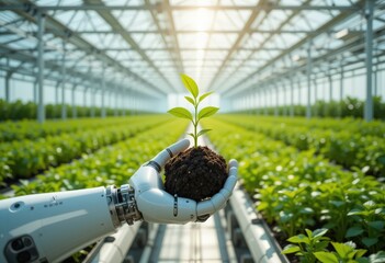 A robot hand nurtures a new seedling in a greenhouse promising a future of technological agriculture with bright lighting