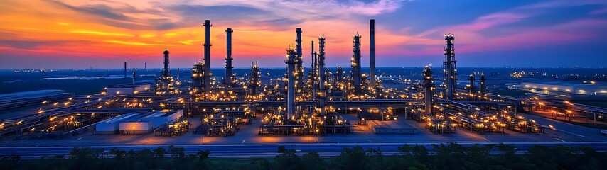 Oil Refinery Sunset Landscape.
