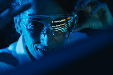 Software developer smiling while interacting with virtual code