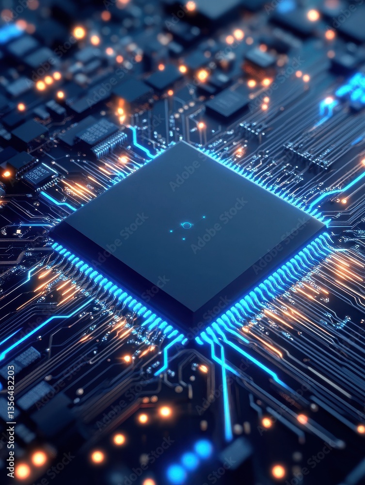 Poster futuristic microchip with glowing blue circuits, representing advanced technology and artificial int