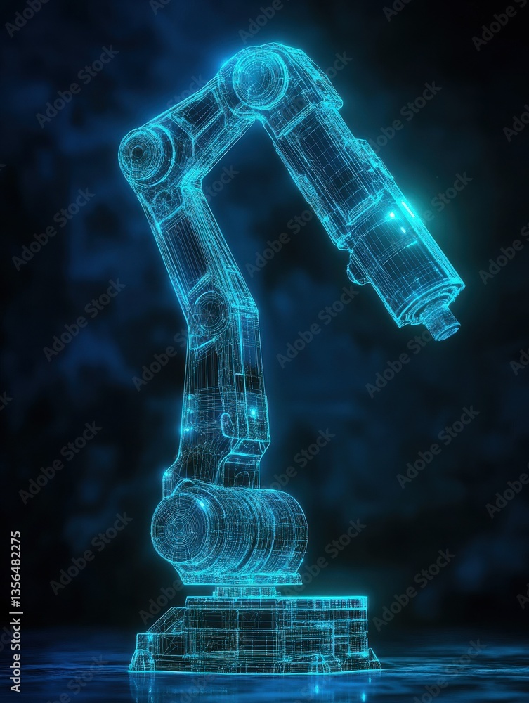 Poster advanced robotics and automation technology: a glowing blue wireframe hologram of a robotic arm on a