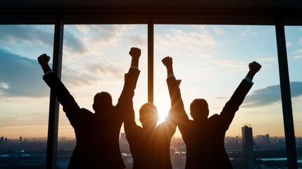 Celebrating success corporate office business event urban landscape perspective of triumph team spirit and motivation