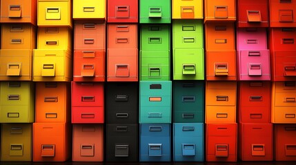 Colorful stacked file cabinets.