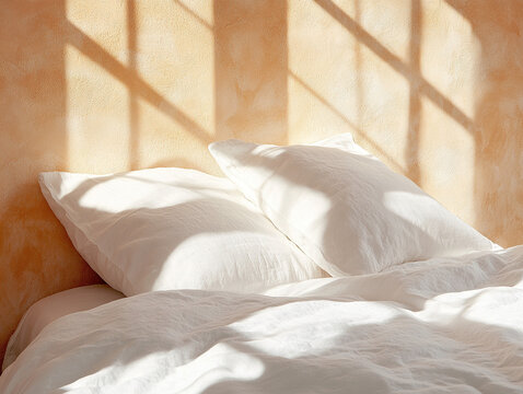Morning light casting shadows on a pristine bed with white linens and soft pillows, creating a cozy, inviting bedroom scene.