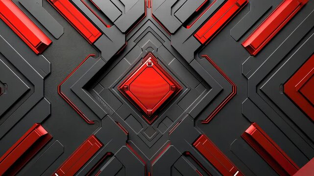 Futuristic, intricate, geometric design featuring a central, glossy red diamond shape set within a dark gray metal framework.  Intricate, symmetrical patterns