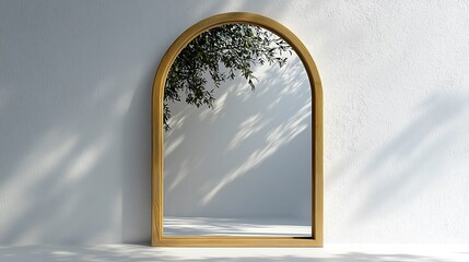 Elegant arched mirror with wooden frame isolated on white background highlighting sophisticated style