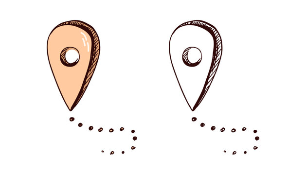 Hand-drawn travel location marker set in color and monochrome in vintage engraved style