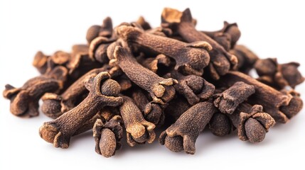 Aromatic clove spice pile on a clean white surface creating a warm culinary mood for cooking and baking with a macro view