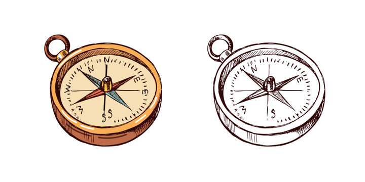 Hand-drawn compass set in brown and multicolor in vintage engraved style
